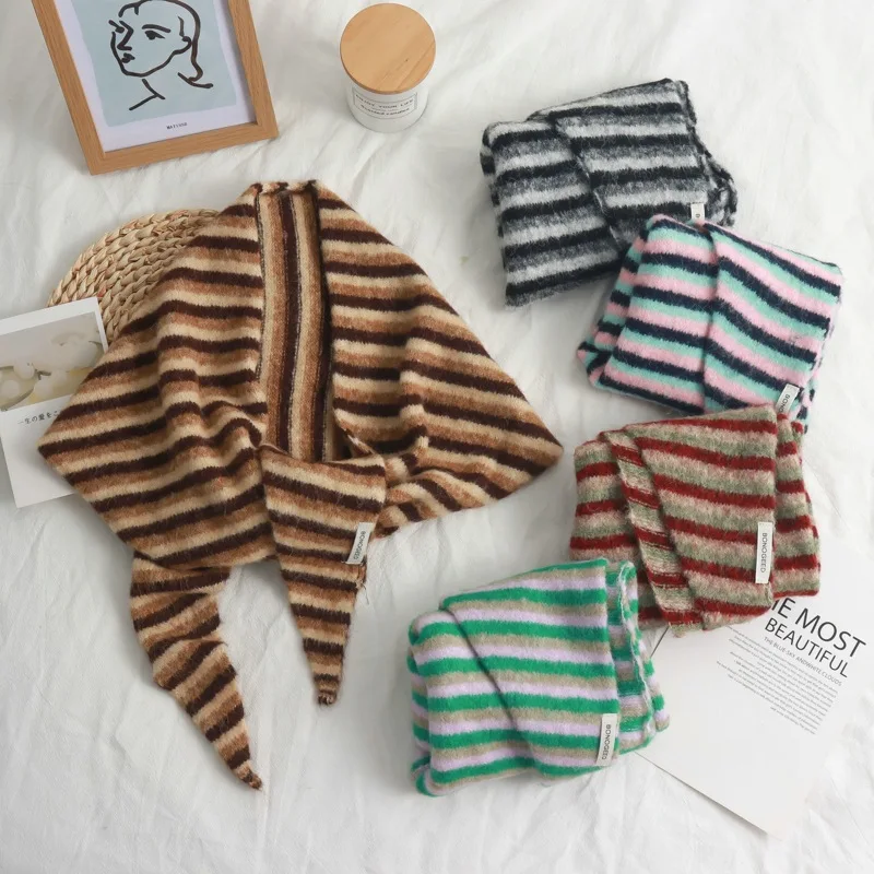

Корейский стиль Ins, простая полосатая вязаная треугольная шаль, женский осенне-зимний модный универсальный теплый внешний шарф с защитой шеи