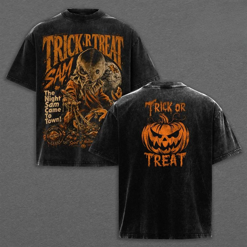 Trick 'r Treat Sam Front Back Print T-shirt Vintage Washed T Shirt Men Women Horror Movie Halloween Short Sleeve Oversized Tops