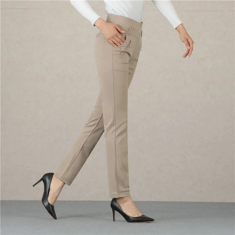 Women's Clothing Spring Autumn Solid Color Elastic High Waisted Pockets Zipper Casual Pencil Trousers Korean Fashion Pants