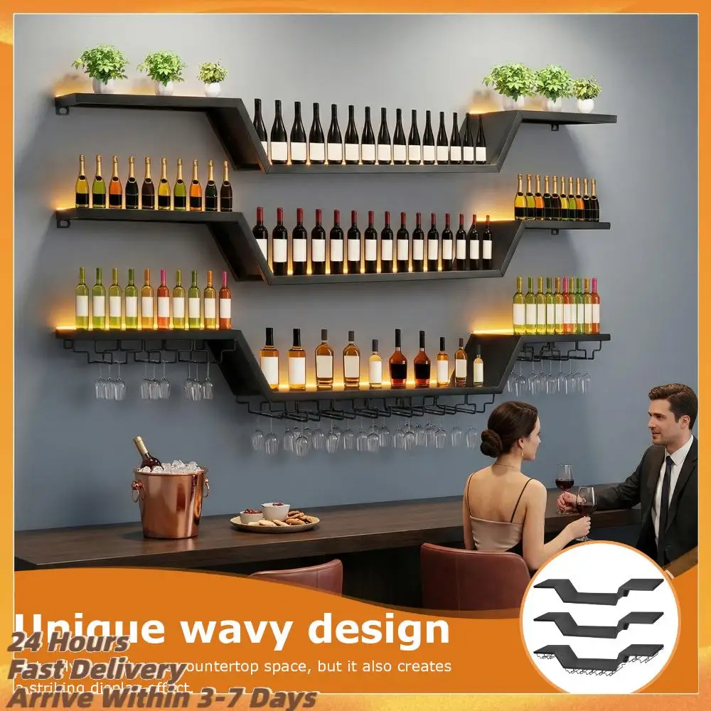 

Настенная винная полка 47/55 дюймов с LED-подсветкой и крючками для бокалов, 3-ярусная, для домашнего бара