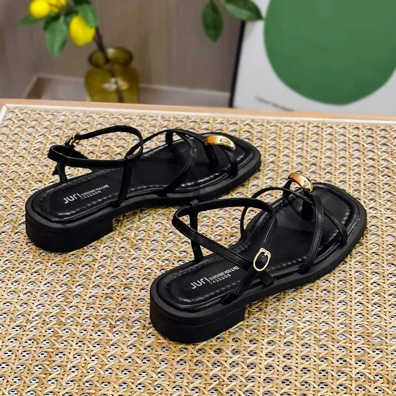 Heeled Sandals Shoes Women\'s Black Beach New Summer 2024 Girls Low Comfort Sports Casual Solid