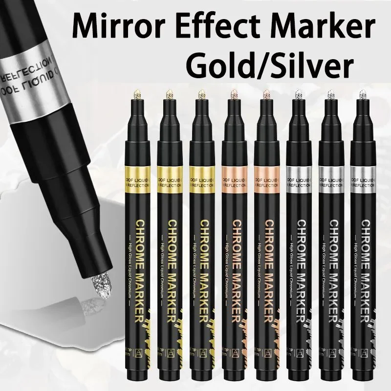 4PCS Chrome Permanent Paint Marker Pens, Mirror Reflective Chrome Sharp Tip And Round Tip, Golden Silvery Coppery Mirror Markers