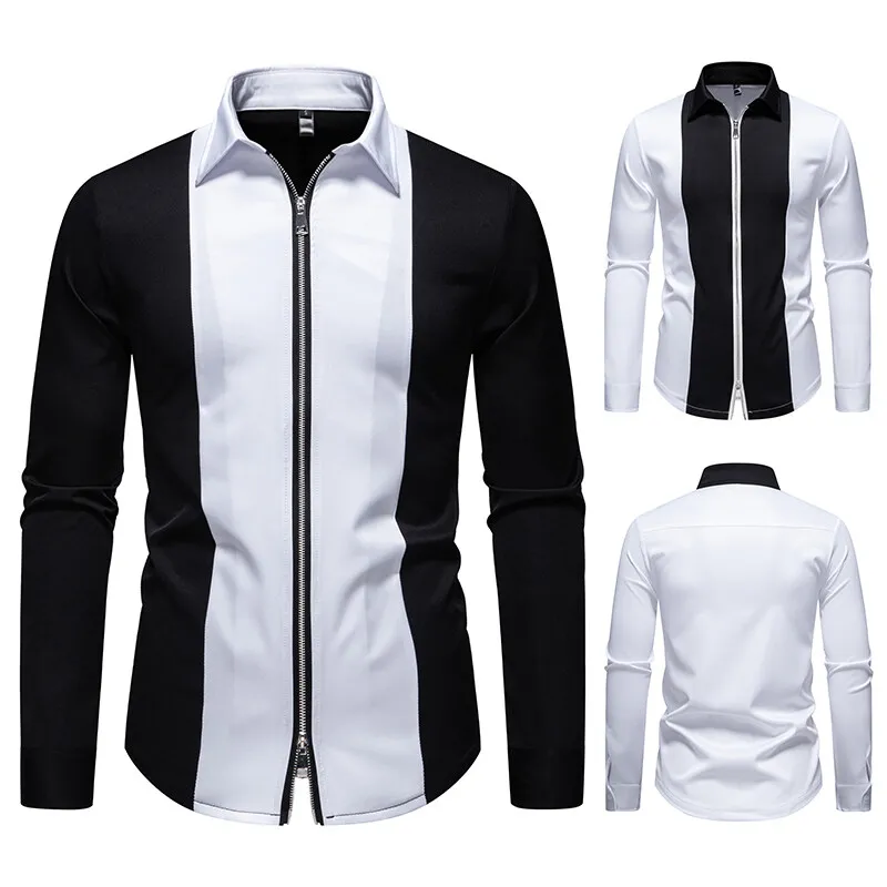 Zipper Design Lapel Shirts For Men Long Sleeve Slim Fit Easy Care Four Season Quality Soft Comfortable Color Block Chemise Homme