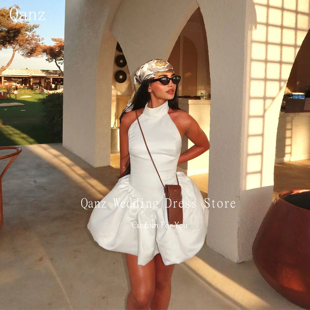 

Qanz Simple Mini Satin White Wedding Dress Halter Neck Sleeveless Short Puff Bridal Gowns Beach Robe Mariage Civil Customized