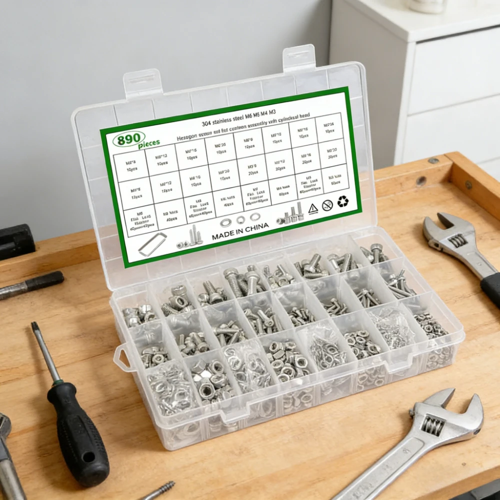 

890Pc screw set M3 M4 M5 M6,304 stainless steel hexagon Hex Socket cap round Head Screw washer Nut Kit DIN912 for fpv drones