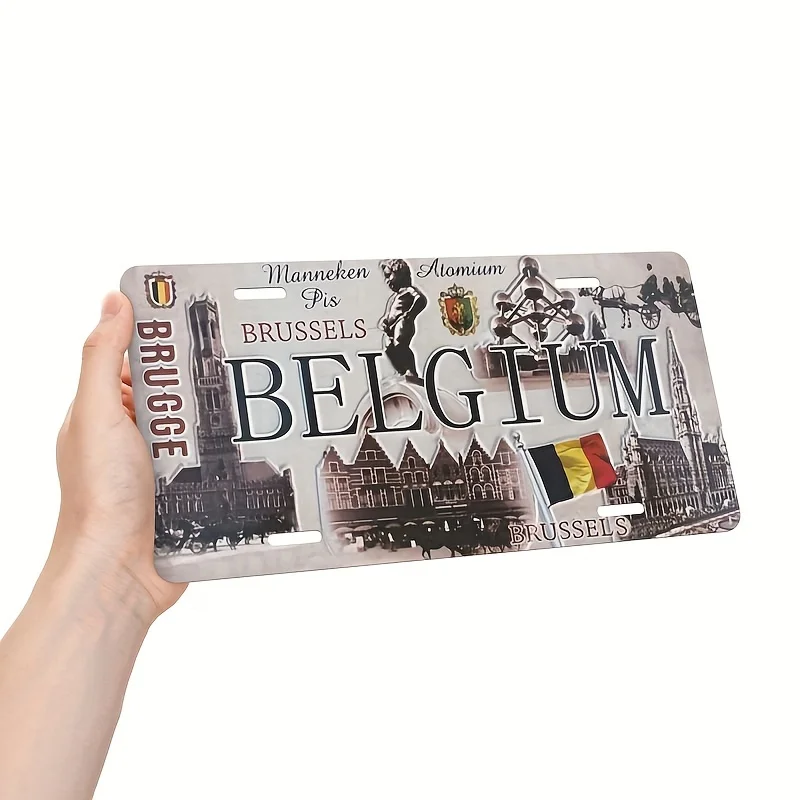 HD Aluminum Print, Vintage Belgium Brussels Brugge Manneken Pis Atomium Retro License Plate Style Wall Art, High Definition Bend
