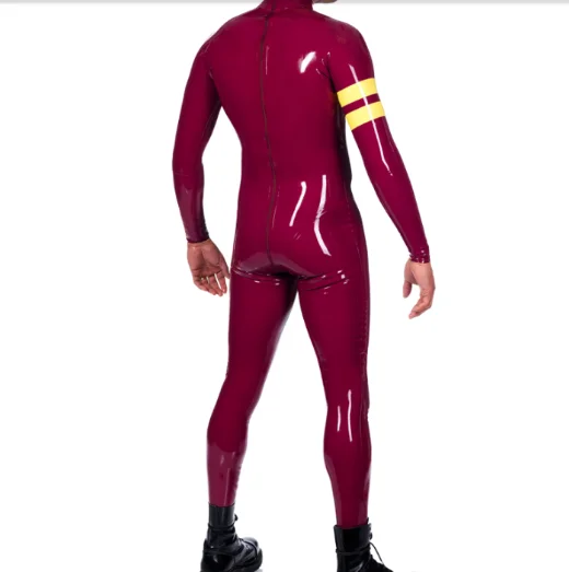 

Latex Rubber Gummmi Red Jumpsuit yellow decoration role play party hand customized 0.4mm XS-XXL