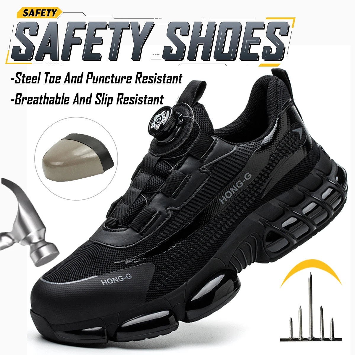 Black Steel Toe Safety Shoes For Men Women Anti-smash & Puncture Resistant Non Slip Work Shoes Breathable Comfortable Outdoor