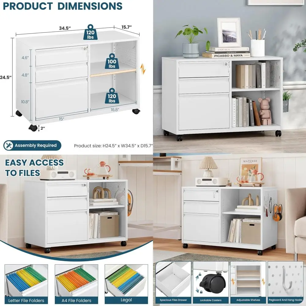 White Home Office Rolling File Storage Cabinet with Lock, Metal Printer Stand on Casters, A4 and Letter Size Folders