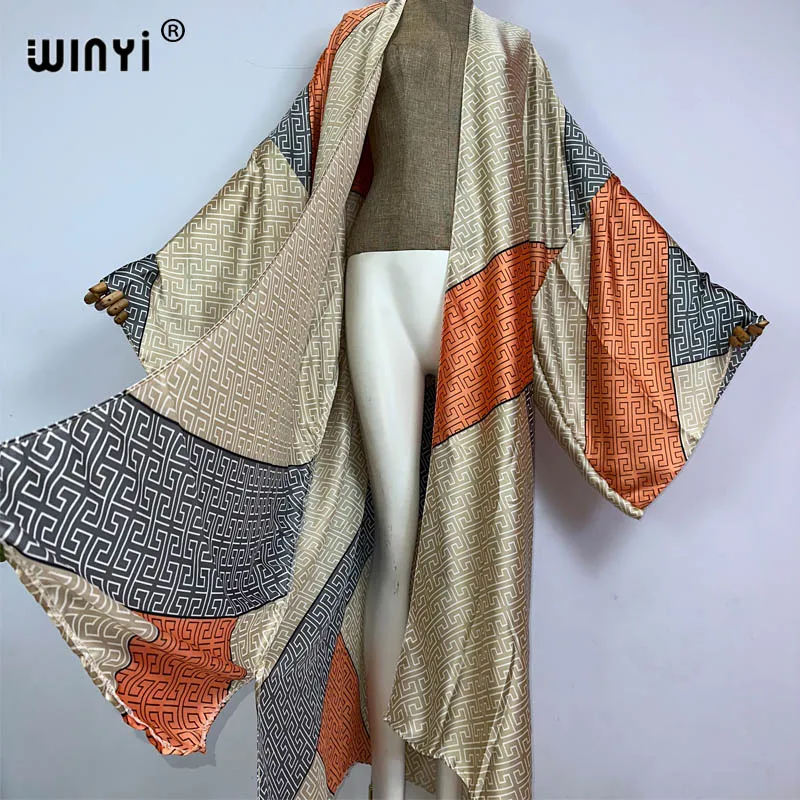 WINYI Africa Classic pattern print sweet lady beach Bohemian long Cardigan Cover-up stitch Casual Boho Maxi Holiday party kimono