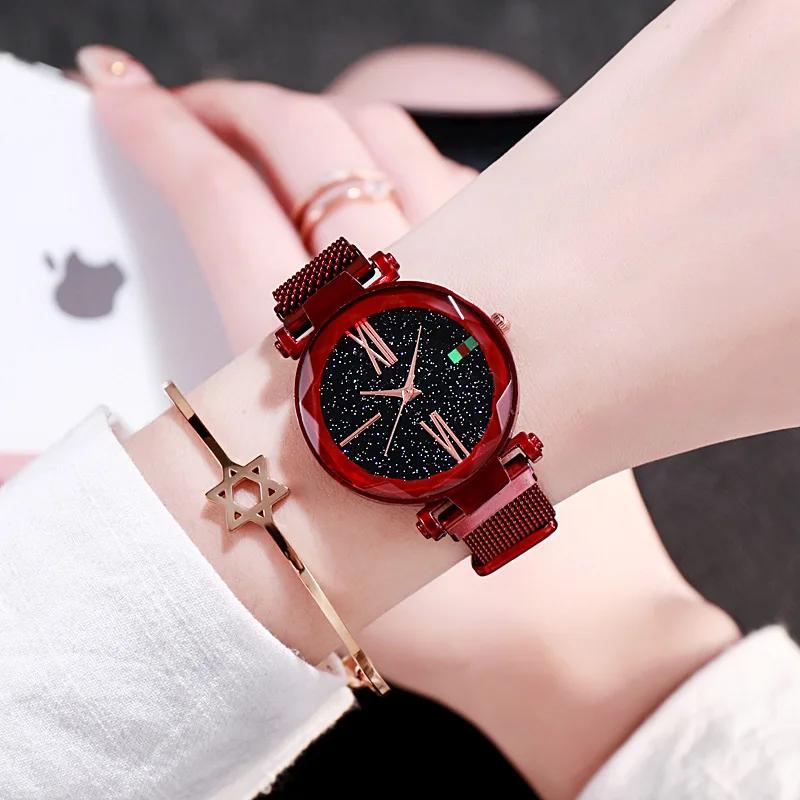 Trendy Fashion Women Quartz Wristwatch Featuring Roman Numerals Starry Sky Dial Milanese Magnetic Strap Versatile Casual Ladies