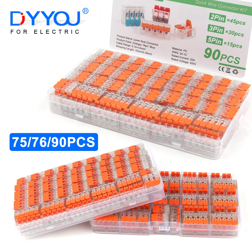 

76/75/90PCS/Box Orange Mini Fast Wire Cable Conectors 2/3/5 Pin Push-in Conductor Terminal Block Universal Compact Junction Box