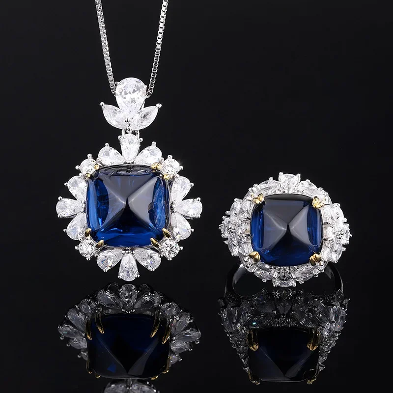 18K Gold Set with PT950 Platinum Colored Sapphire Blue Sugar Tower Heavy Industry Back Cover Pendant Ring Set 14*14-12*1