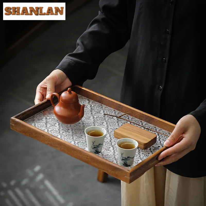 

Rectangular Acrylic Glass Insulated Tray Walnut Solid Wood Dry Brewing Plate Wooden Partitioned Dishes for Serving Decoration