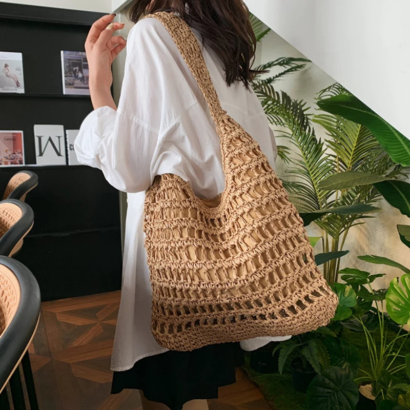 Summer Women Beach Tote Handbags Rattan Crochet Shoulder Bag Casual Commute Bag Vintage Straw Woven Bag