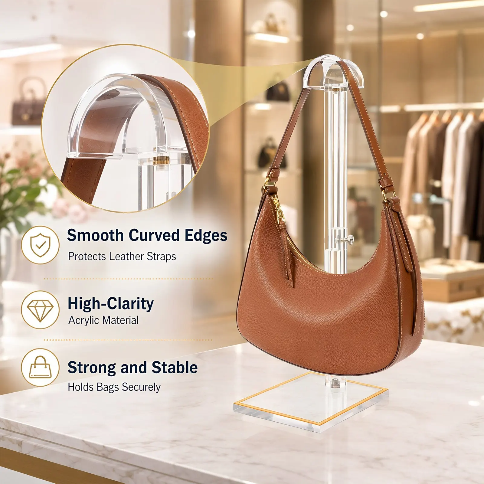 Adjustable Transparent Acrylic Bag Holder Stand 9.45-15.75 Tote Display Rack Purse Display Shelf for Cash Wrap Or Entrance