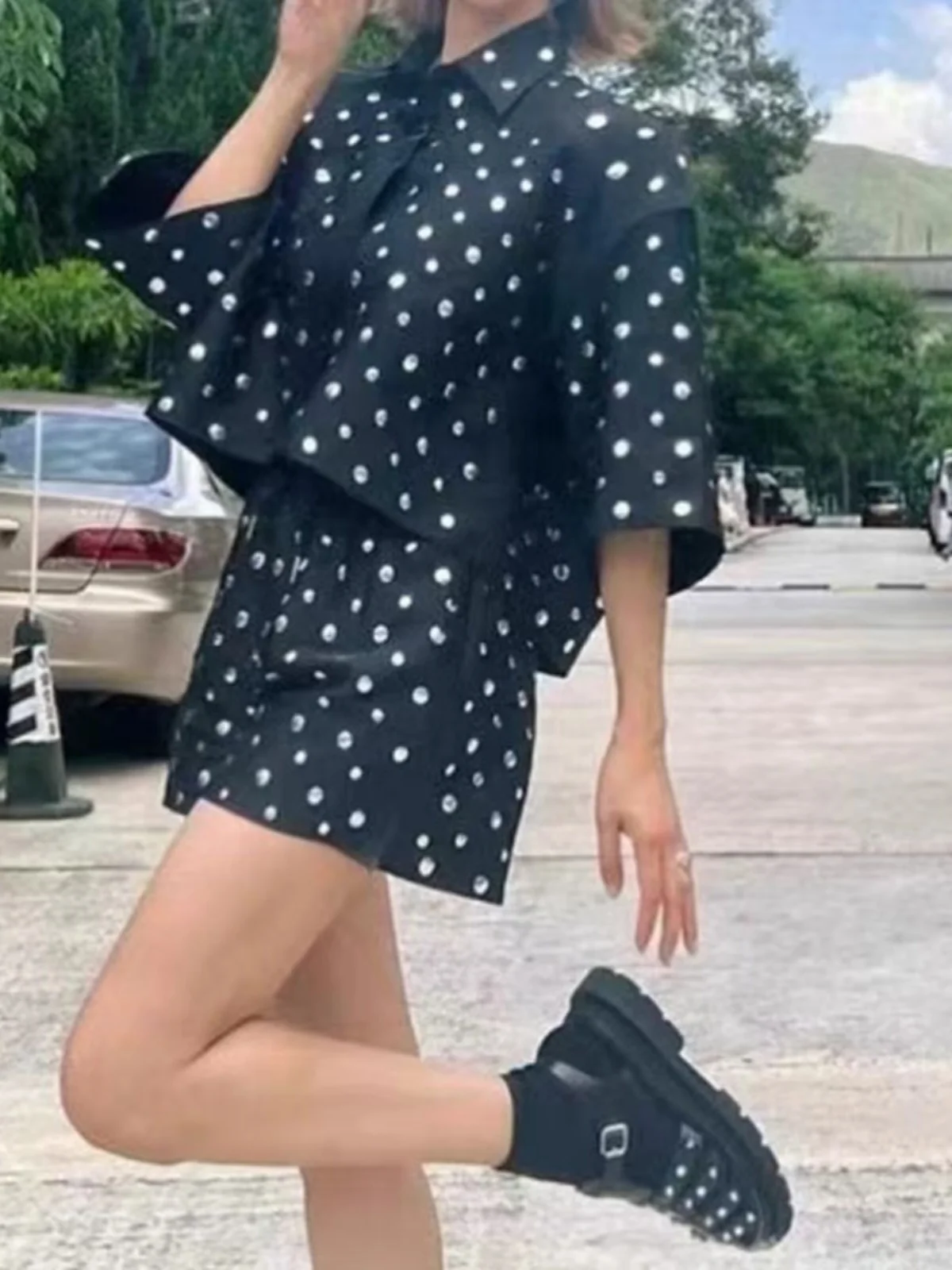 

Faionable Silk Feel Polka Dot Button up ort Sve irt Top + orts Quali Autumn Simple Ele Sle Straight Cut