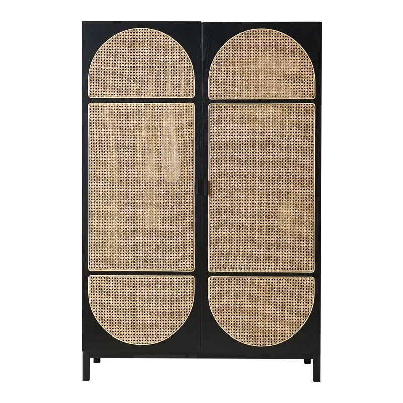 Nordic solid wood rattan wardrobe, simple modern black cabinet