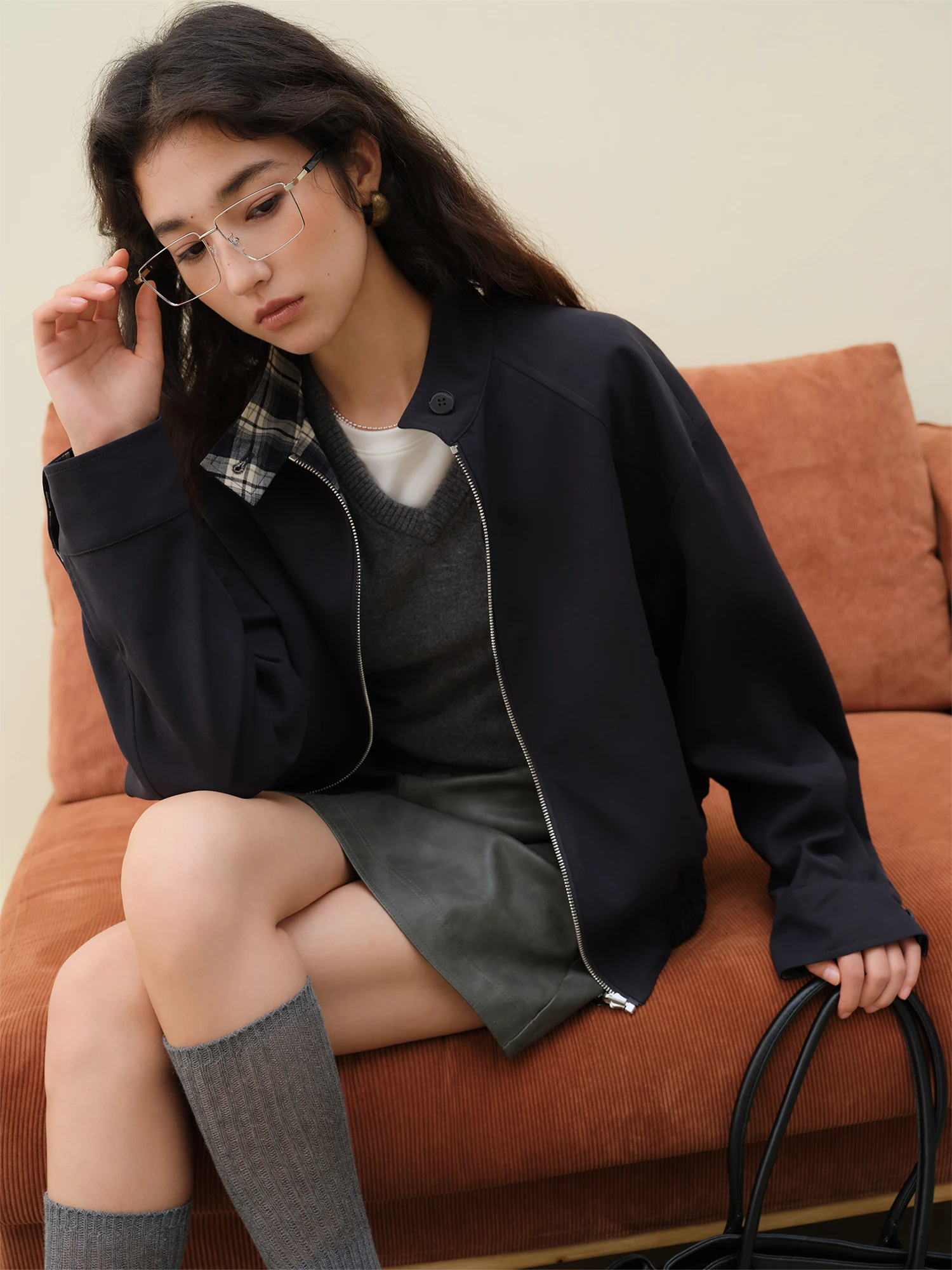 ZIQIAO Petite Women Miu Series Reversible Standing Collar Short Coat Plaid Short Sleeved Jacket New Arrival Fall 2025 25ZQ93154