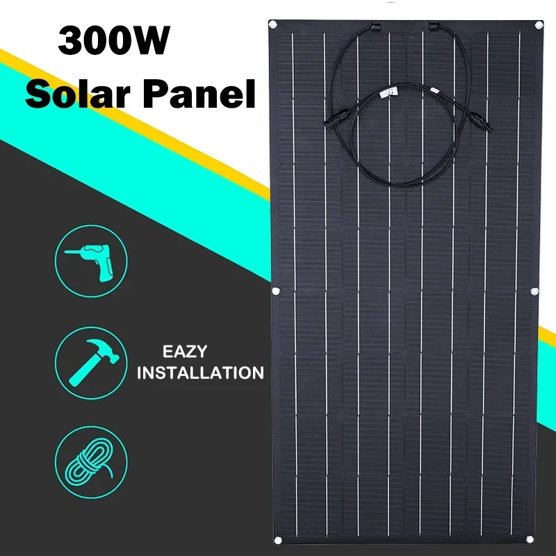 

300W 12V Solar Panel Kit Complete Portable ETFE Flexible Monocrystalline Solar Panel Car Boat Camper Battery Charger for Home RV