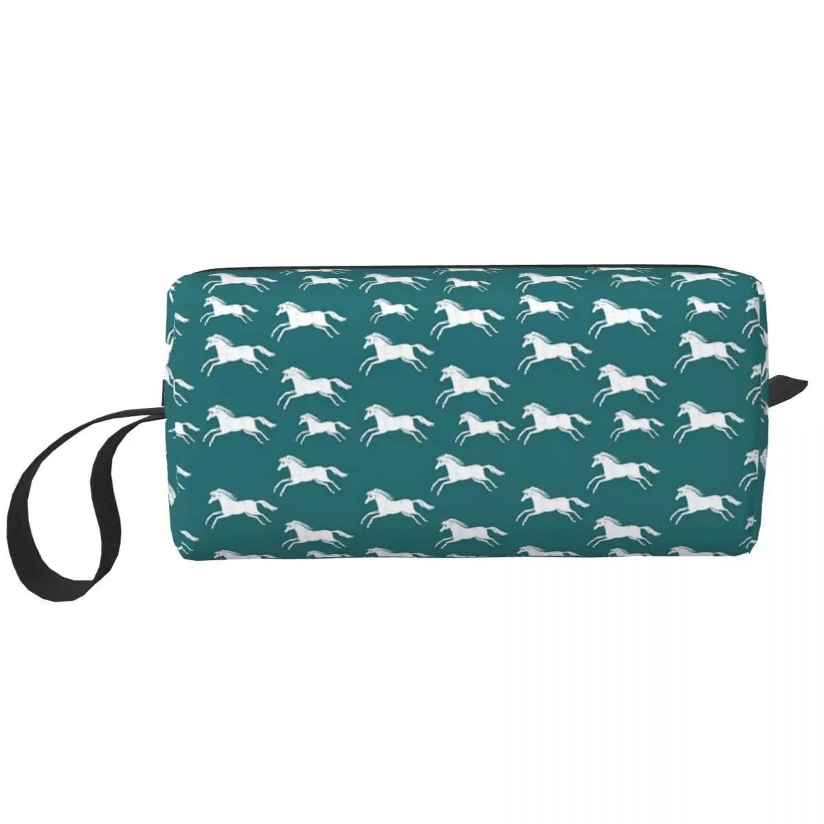 Bolsa de maquillaje White Horses On Teal para mujer, organizador de cosméticos, Kit de almacenamiento de artículos de tocador, estuche de lápices de viaje de belleza