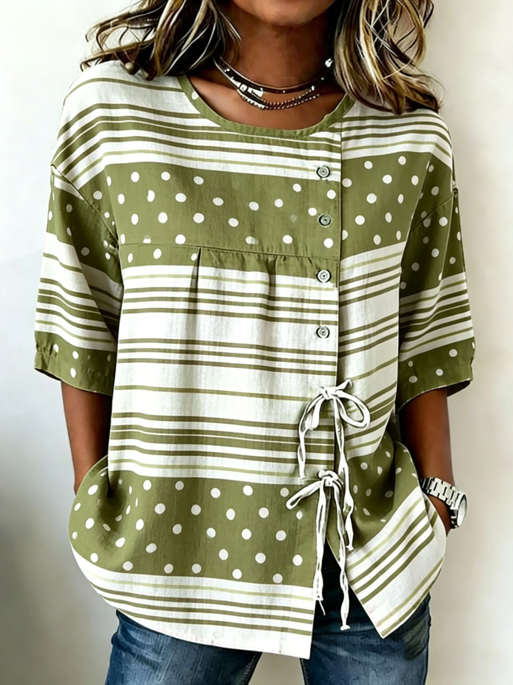 

Women's Green Polka Dot & Stripe Patchwork Drawstring Button Up Blouse, Casual Round Neck Tops for Spring Summer Daily Wear