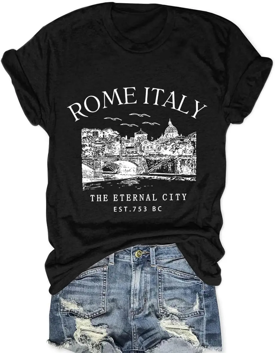 Women’s Rome Italy Shirts The Eternal City Sighs Drawing T-Shirts Italy Architectural Short Sleeve Tops