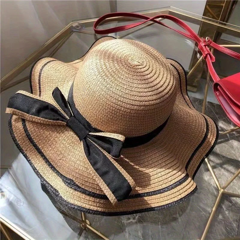 Straw Spring Summer Wave Bow Bucket Hat Women Girls Cap Beach Seaside Sunscreen Big Brim Fisherman Hat Travel Holiday Sun Hat