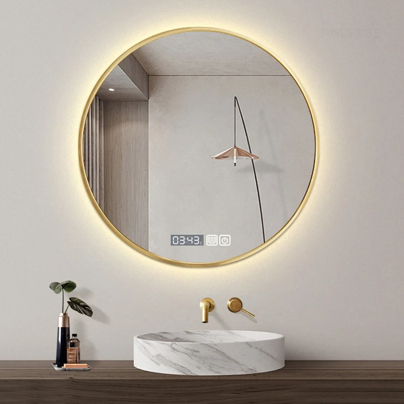 Minimalist Fashion Design Mirrors for Bathroom Modern Punch-free Bathroom Mirrors for Home Gold Frame Round Lighted Wall Mirrors