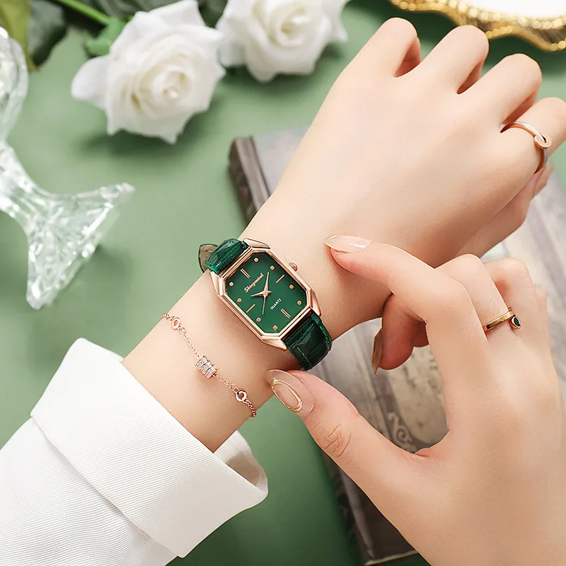 Reloj de cuarzo para mujer, pulsera de esfera verde, esfera Simple de oro rosa, malla de lujo, relojes de marca, relojes cuadrados de moda