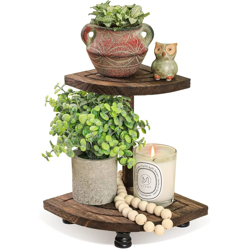 Decorative wooden columns are used for displays, and 2-tier rustic corner shelves are used for kitchen bathroom counters