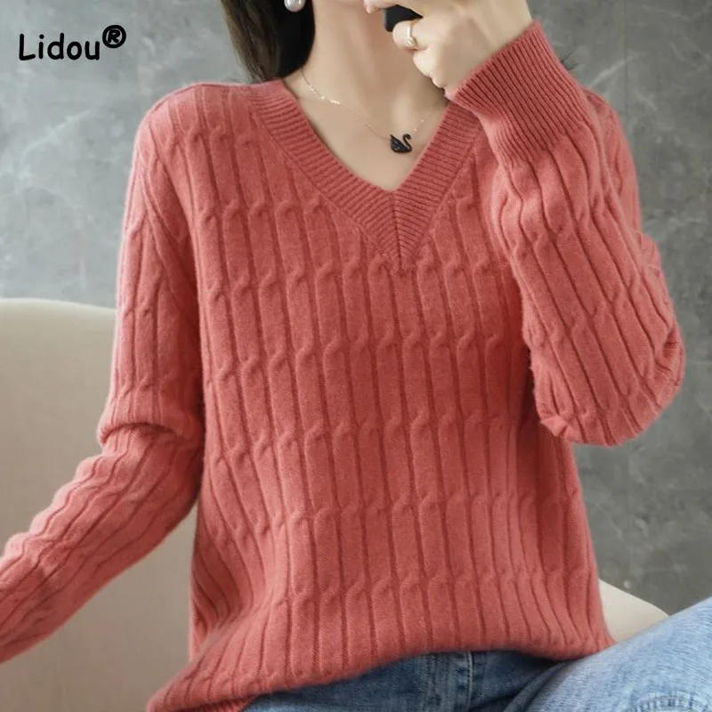 Autumn Winter Temperament Female Solid Color Knitted Tops 2023 Fashion V-Neck All-match Long Sleeve Sweaters Women\'s Clothing