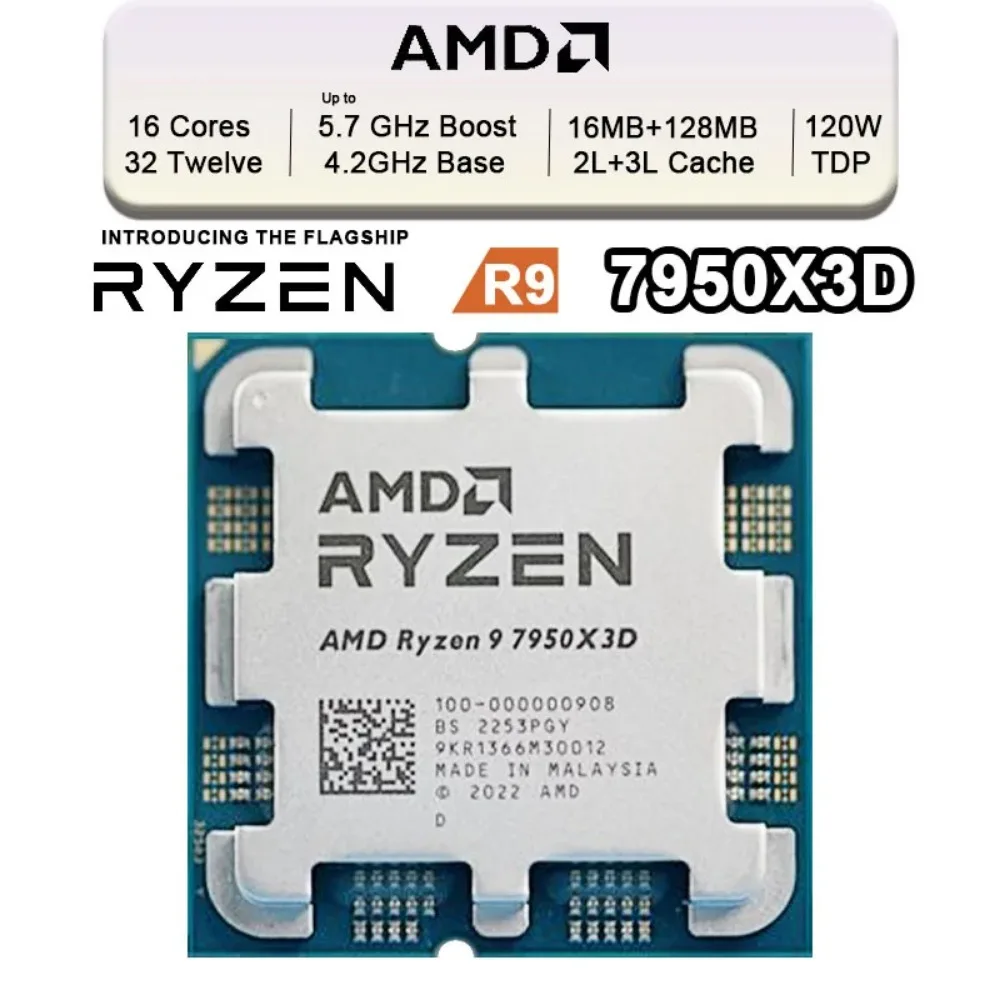 Top AMD Ryzen 9 7950X3D R9 7950X3D 4.2 GHz 16-Core 32-Thread CPU 5NM 128M 100-100000908 Socket AM5 New Tray Without cooler