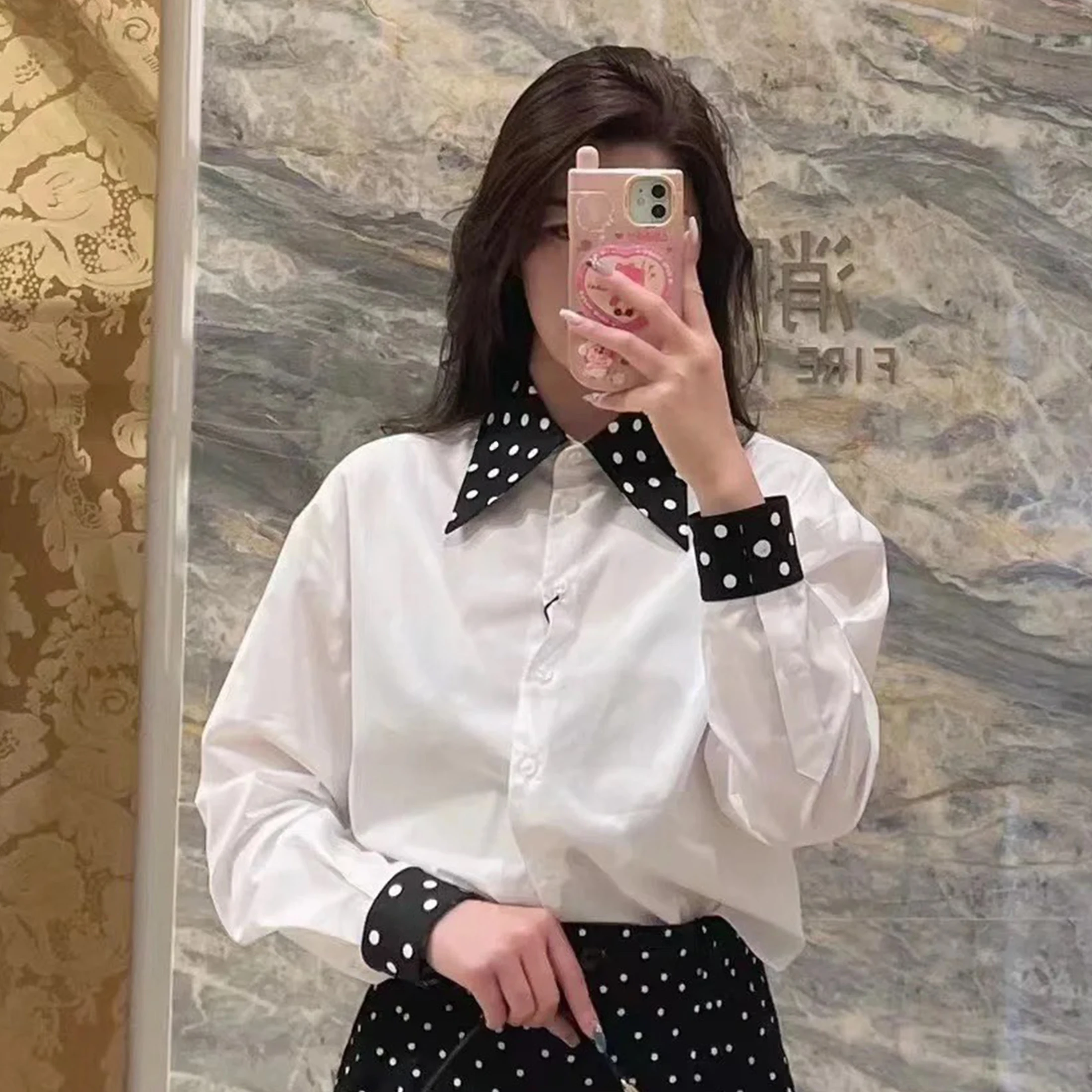 

NIGO Women's Spring And Summer Fashion Polka Dot Black And White Shirt Lapel Single-breasted Shirt Ngvp #nigo8638