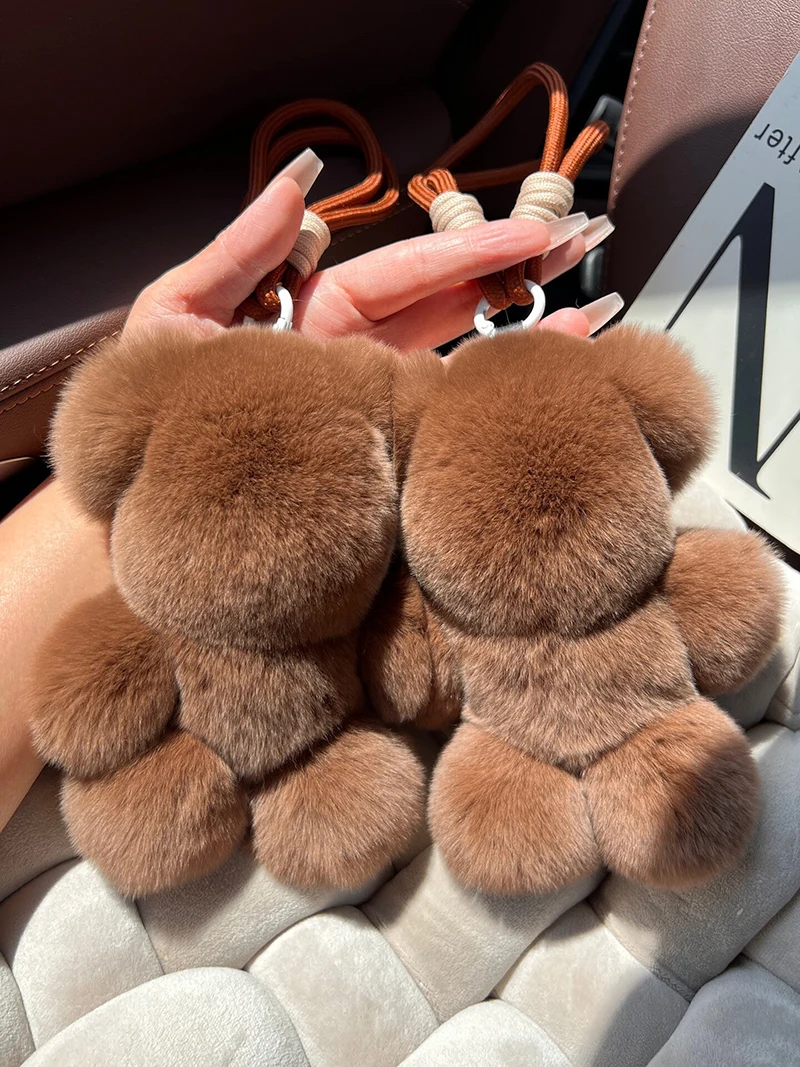 Bonito real lontra pele de coelho urso de pelúcia carro chaveiro pingente high-end brinquedo de pelúcia bolsa pingente presente