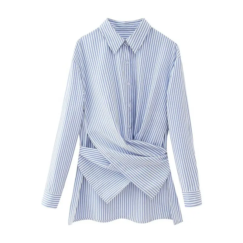 

Spring 2024 Women's Faion Slim Fit Striped Long Sve irt with Tie Collar Versatile Sle Design Sense