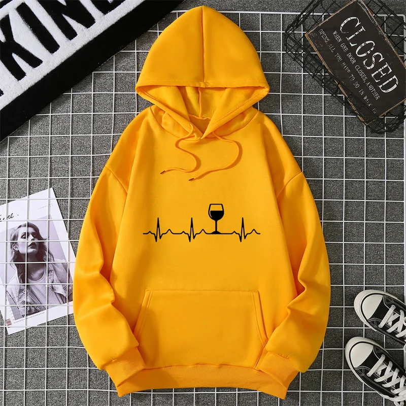 Vinho batimento cardíaco impressão moletom com capuz feminino manga longa o pescoço solto hoodies 2025 senhoras pullovers bolso quente jaqueta com capuz