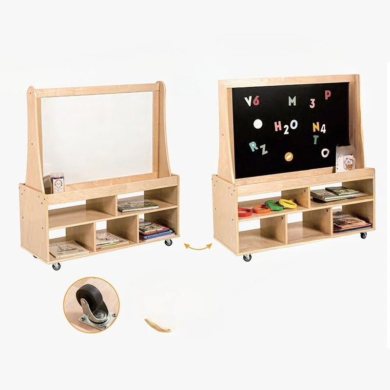 Kindergarten wooden double-sided drawing board with wheels movable drawing board
