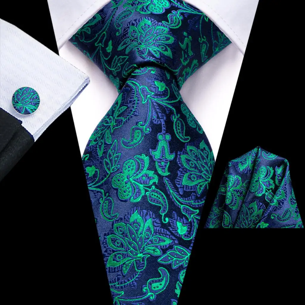 

Floral Peacock Green Blue Silk Wedding Tie For Men Gift Mens Necktie Handky Cufflink Set Fashion Business Dropship Hi-Tie Design