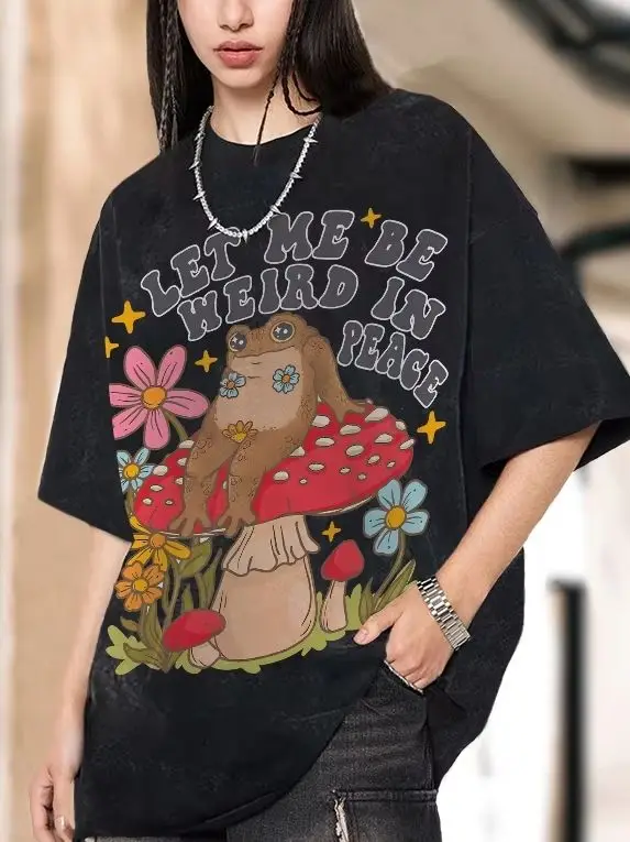 

Lazy Cute Frog Mushroom Flower Print T-Shirt Retro Washed Denim Neutral Style Round Neck Shoulder New Short Sleeve Oversize
