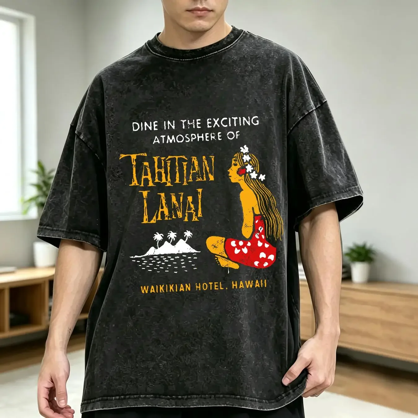 washed T Shirt Retro Tiki Art Polynesian Mug Rum Tahitian Lanai Waikiki Hawaii vintage Washed designer clothes Versatile