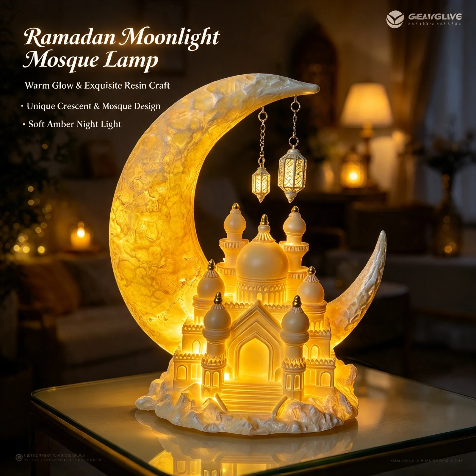 Resin Islamic Ramadan LED Crescent Moon Mosque Lamp Decoration Eid Mubarak Gift Home Table Ornament Night Light Decor 1Pc