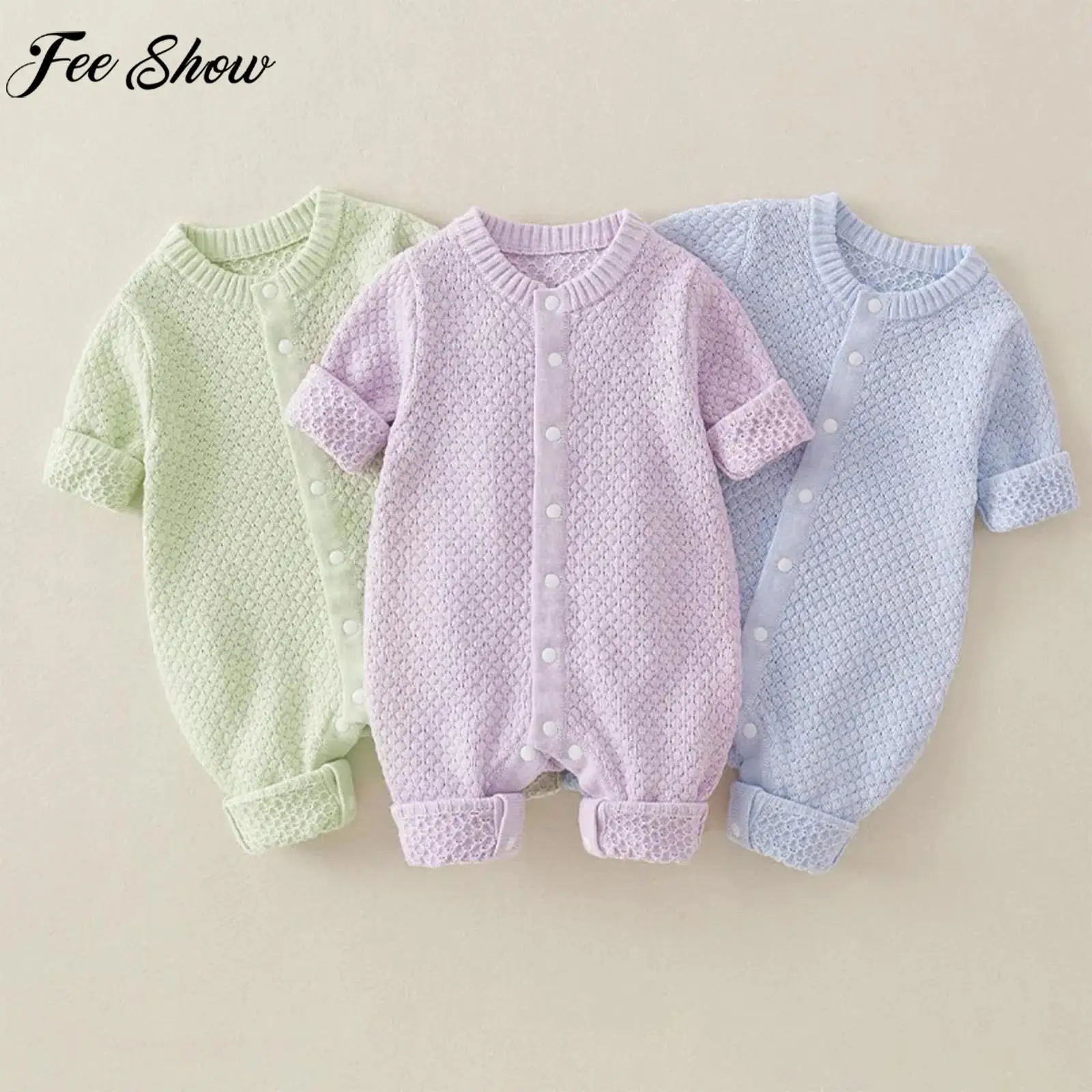 

Baby Boys Girls Autumn Winter Casual Knitted Sweater Romper Long Sleeve Solid Color Jumpsuit for Daily Birthday Photography Wear