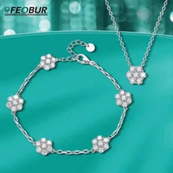 3.5cttw Full Moissanite Flower Bracelets for Women 925 Sterling Silver Cluster Diamond Link Bracelet Necklace Jewelry Set Gift
