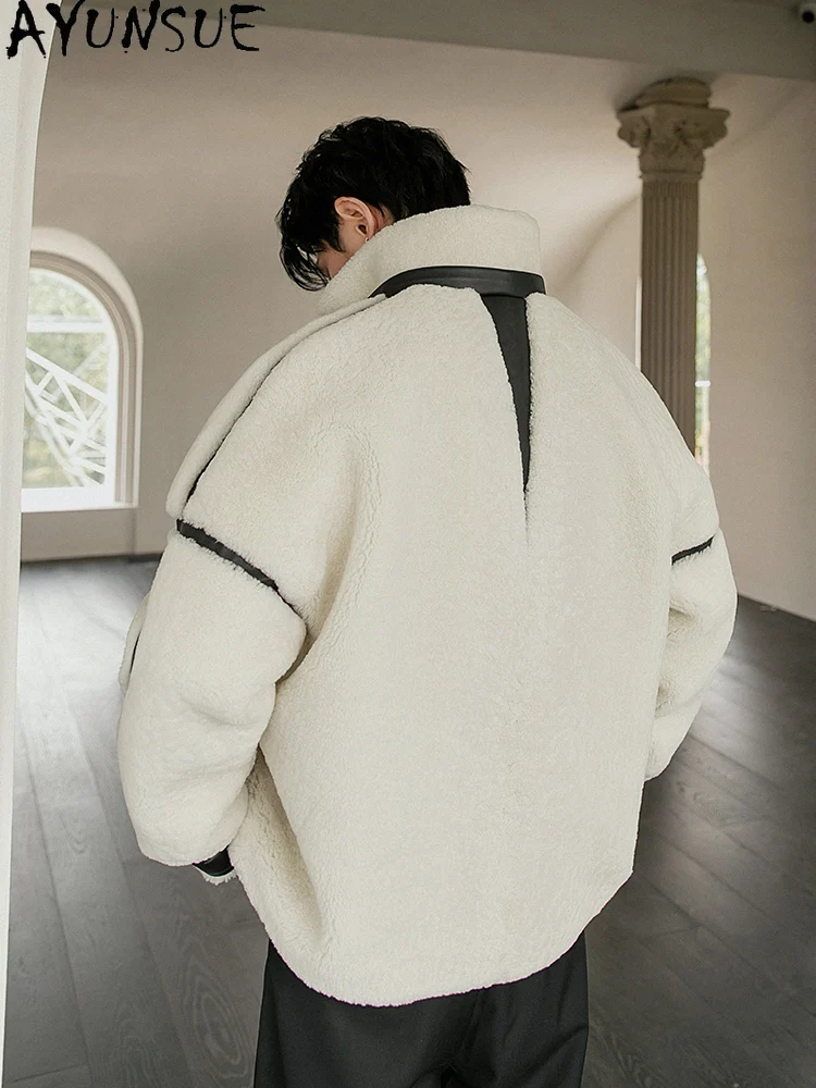 AYUNSUE Luxury Natural Fur Coat Man Fashion Short Real Sheep Shearling Jacket Mortoycycle Wear Genuine Lamb Fur Jackets Abrigos