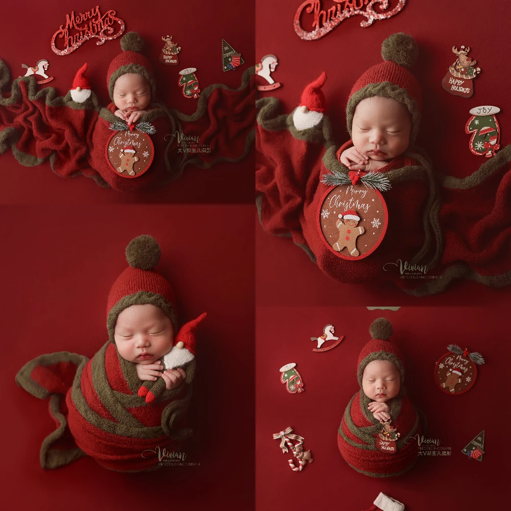 Newborn Christmas Photography Supplies Classic Xmas Color Knitted Wrap+Hat Christmas Decor Props Photo Studio Baby Shooting Prop