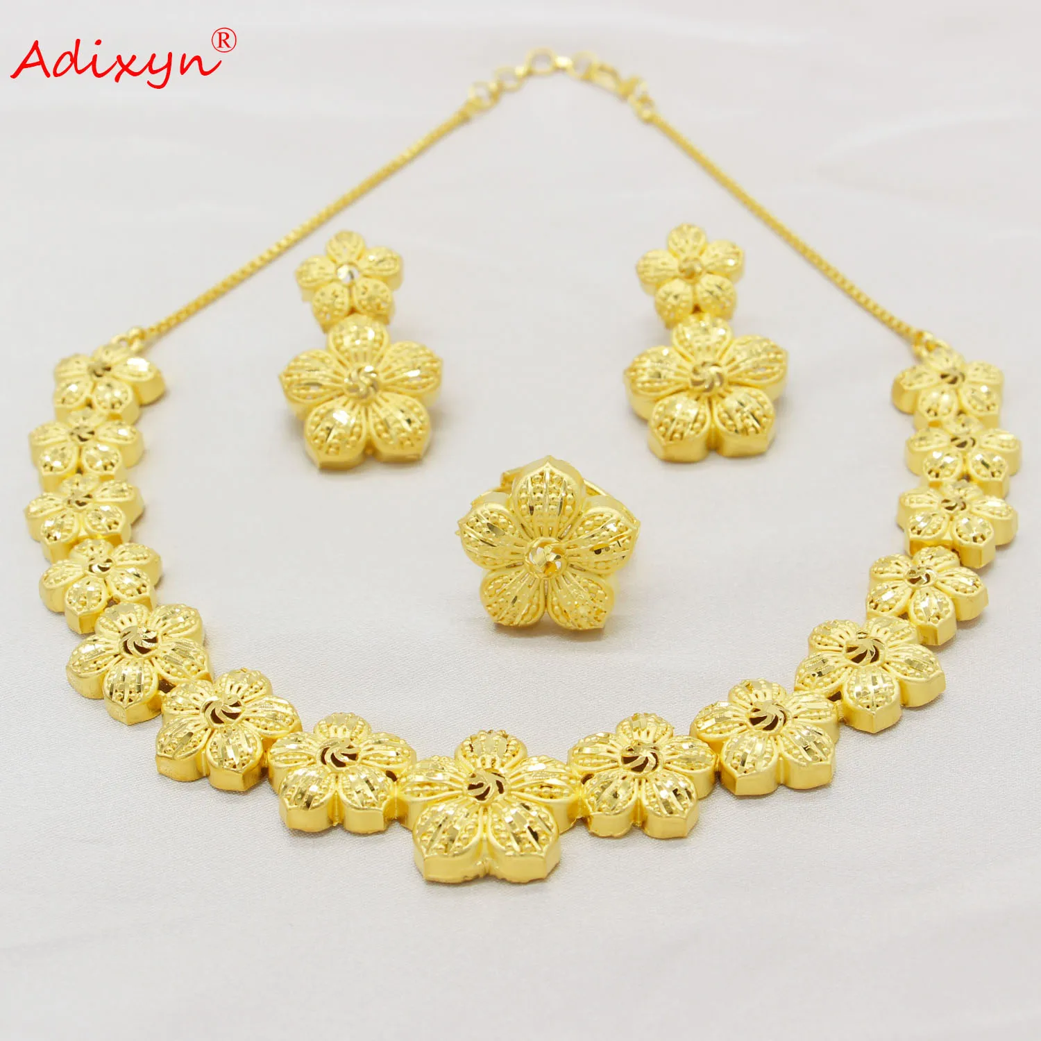 Adixyn India Flower Style Jewelry Set Gold Color Necklace Earrings Rings Luxury Arab African Wedding Party MOM Gifts N03302