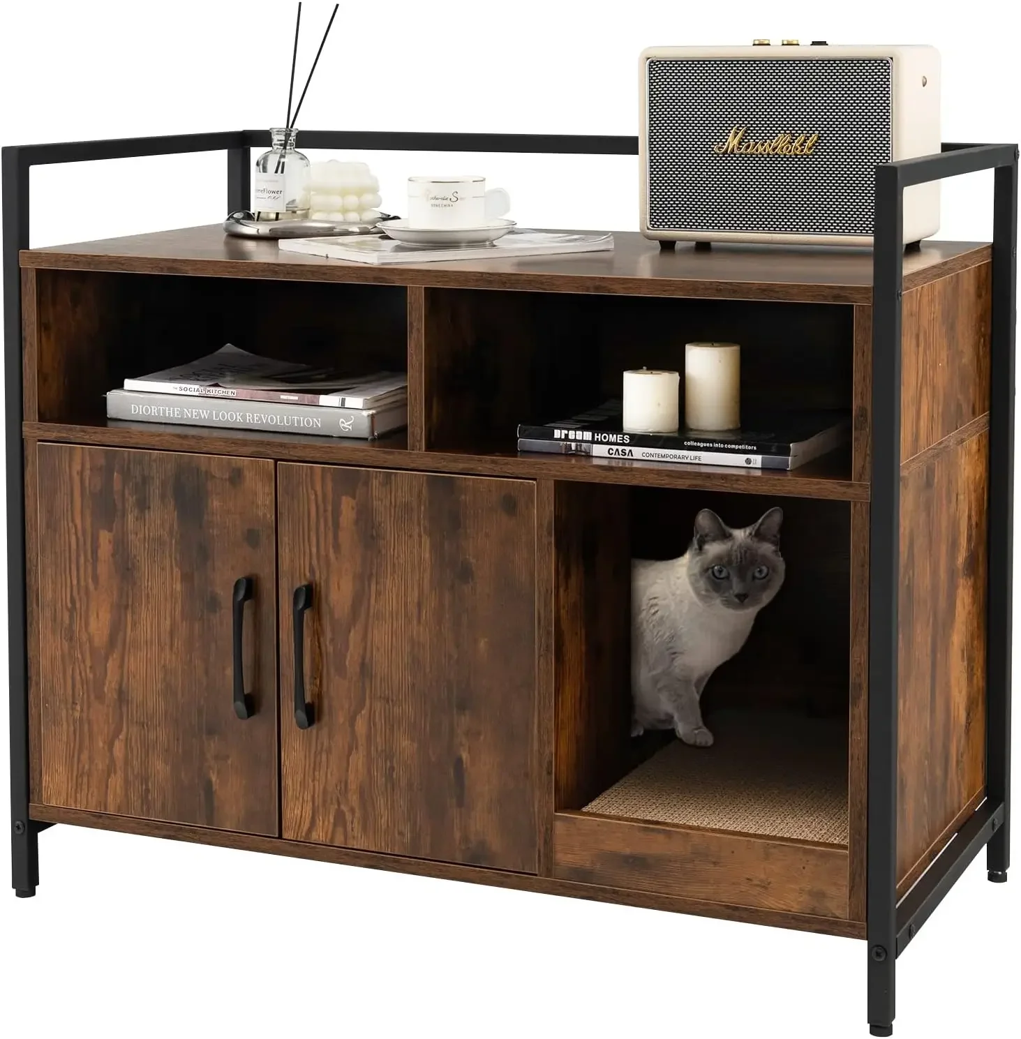 

Cat Litter Box Enclosure - Cat Washroom Hidden Furniture with Front Entry, Scratcher, 2-Door Storage Cabinet,