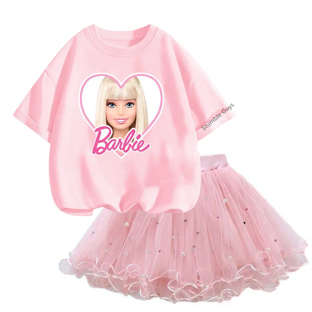 2024 nowy Kawaii barbie zestaw Tutu spódnica z siatki dzieci t-shirt moda lato 3-14 lat dziewczęca sukienka 2 szt. Stroje całkiem małe