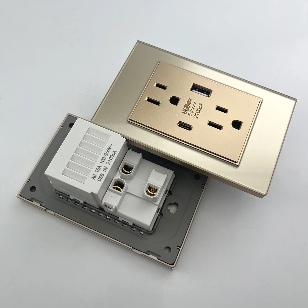 Presa USB a doppia parete standard americana, adattatore per presa interruttore luce in vetro temperato Messico USA per uso domestico Tipo-c